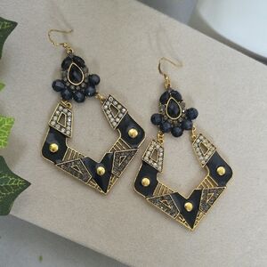 Statement Gold and Black Art Deco Style Drop Earrings